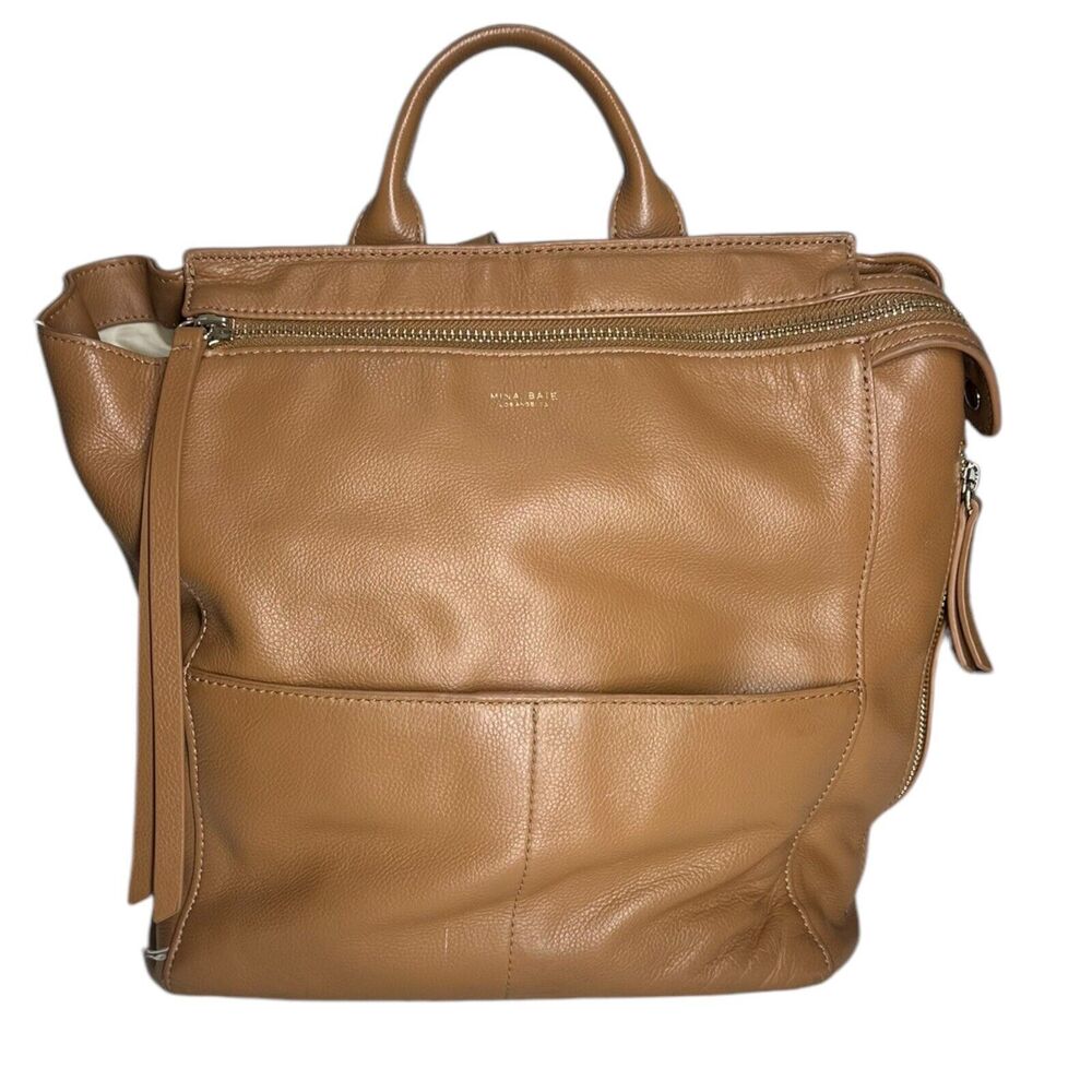 Mina Baie Harper Backpack Diaper Bag Brown Cognac Leather $319 MSRP